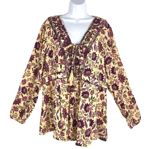 Torrid Embroidered Lace Front Babydoll Top Textured Challis Floral Sand NWT 1X - Picture 3 of 11